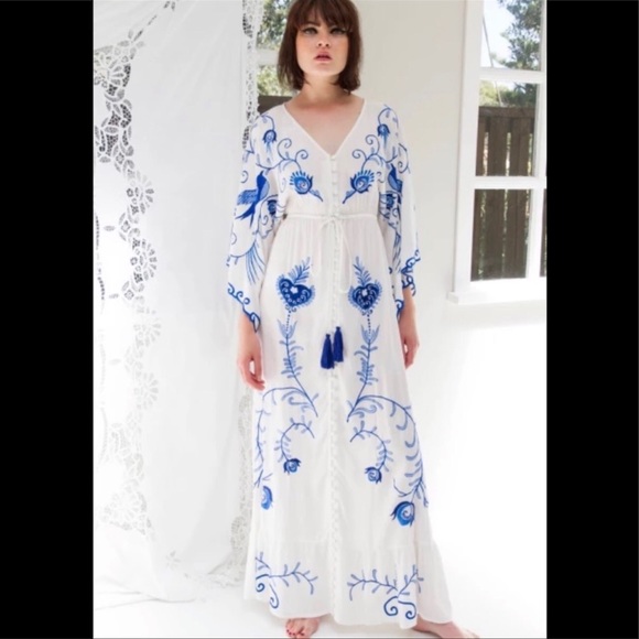 5 Star⭐️Fav Blue Bird Boho Embroidered Hearts Magic Kimono Long Maxi - Picture 9 of 9